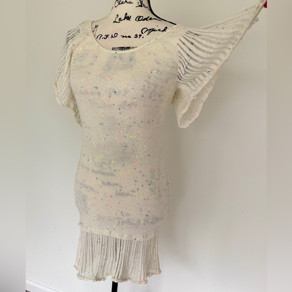Free People Knit Mini Dress Cream Confetti Speckle Sz L Ruffles Rare Oatmealcore - Picture 6 of 16